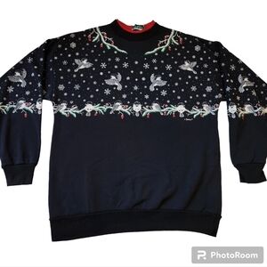 Vintage Artisans sz L XL Christmas Bird Double Collar Crewneck